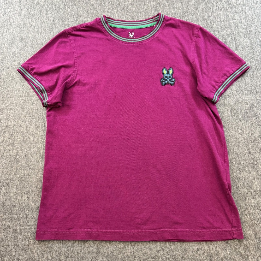 psycho bunny t shirt ribbed collar magenta with Neon green bunny men's 3